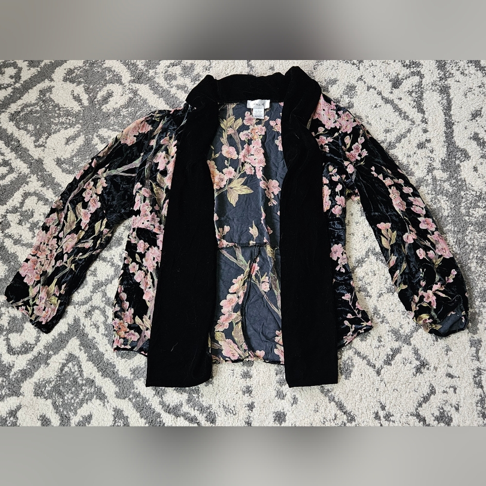 Vintage 2000s Black Floral Velvet Burnout Cardigan Cottage Core Aria A Size L
